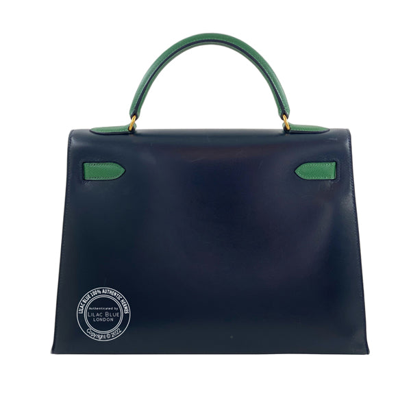 Hermès Kelly 32cm Bleu Marine/Vert Clair Courchevel GHW - Preloved