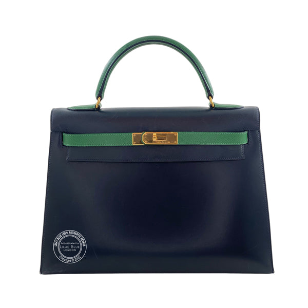 Hermès Kelly 32cm Bleu Marine/Vert Clair Courchevel GHW - Preloved