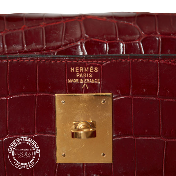 Hermès Kelly 32cm Bordeaux Shiny Croc GHW - Preloved