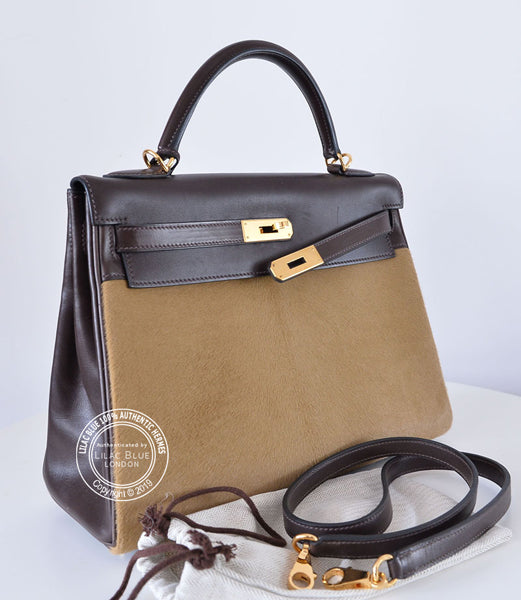 Hermès Kelly 32cm Ebene/Tabac Troika Evercalf/Ponyskin GHW - Vintage