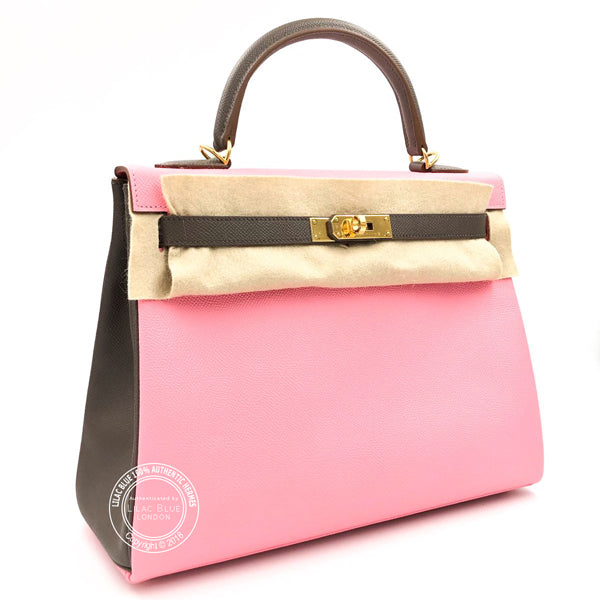 Hermès Kelly 32cm Rose Confetti/Etain HSS Epsom GHW