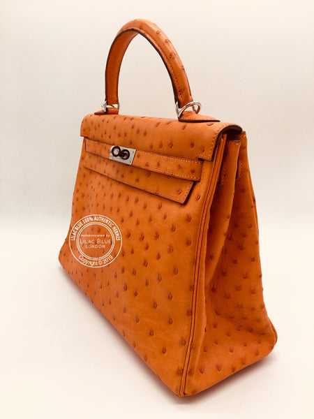 Hermès Kelly 32cm Tangerine Ostrich PHW  - Preloved