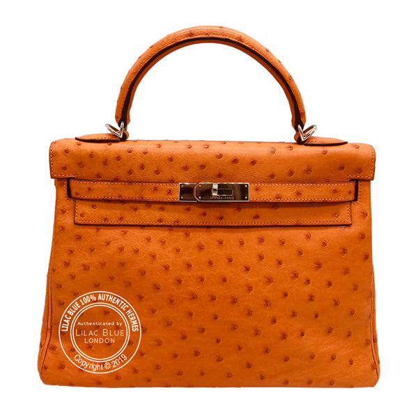 Hermès Kelly 32cm Tangerine Ostrich PHW  - Preloved