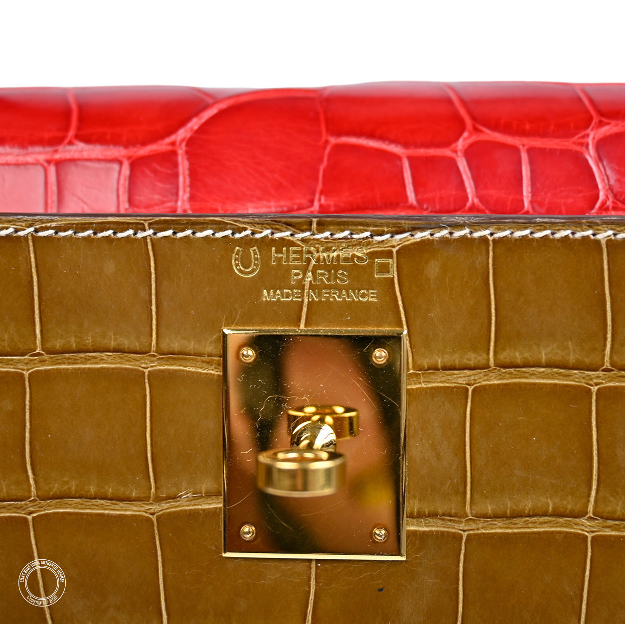 Hermès Kelly 32cm Paille/Rouge Braise/Ebene HSS Matte Alligator GHW - Preloved