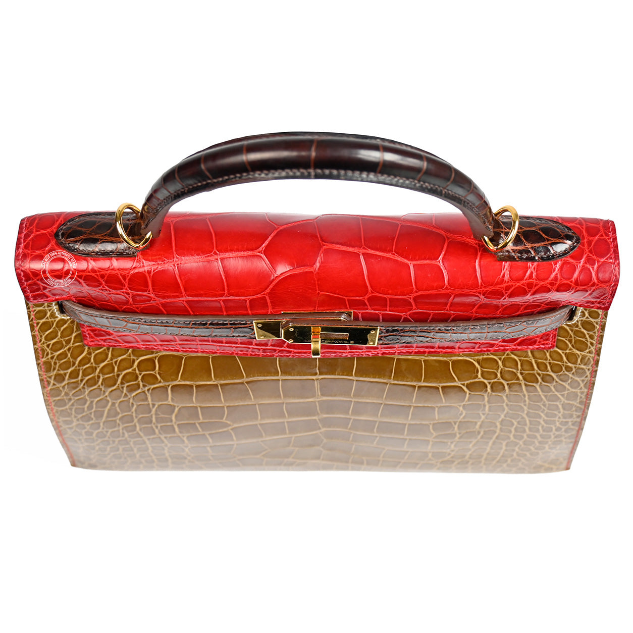 Hermès Kelly 32cm Paille/Rouge Braise/Ebene HSS Matte Alligator GHW - Preloved