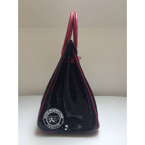 Hermès Birkin 35cm Black/Fuschia Shiny Croc Ruthenium