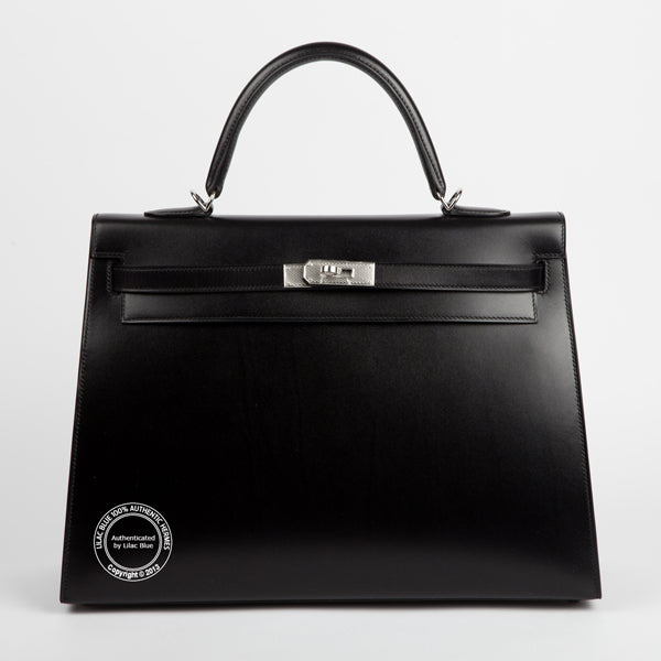 Hermès Kelly 35cm Black Box PHW Guilloche