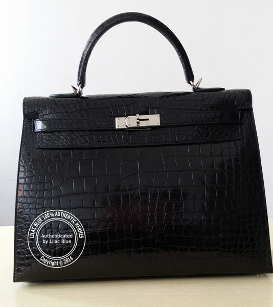 Hermès Kelly 35cm Black Shiny Croc PHW - Preloved