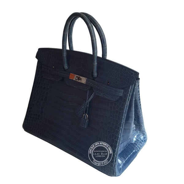 Hermes Birkin 35cm Blue Jean Shiny Croc PHW - Preloved