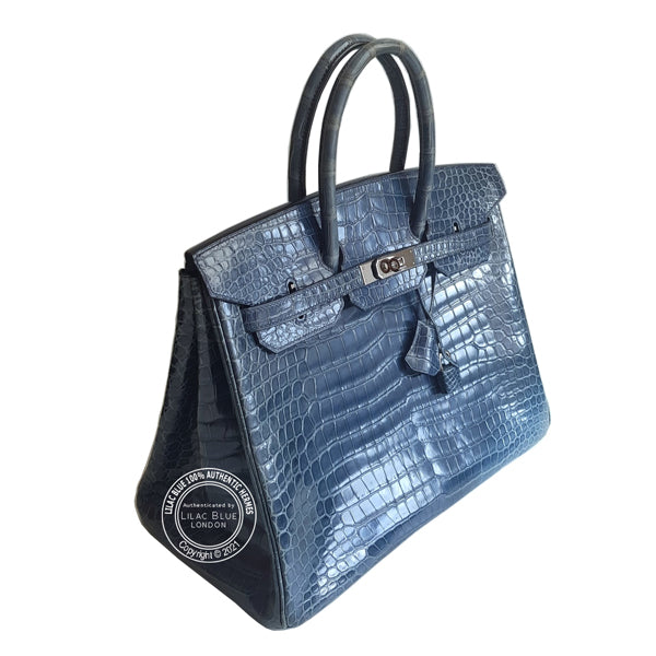 Hermes Birkin 35cm Blue Jean Shiny Croc PHW - Preloved