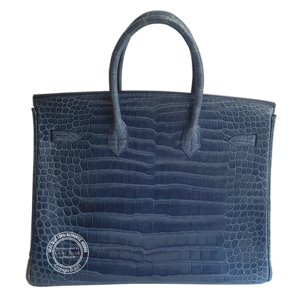 Hermes Birkin 35cm Blue Jean Shiny Croc PHW - Preloved