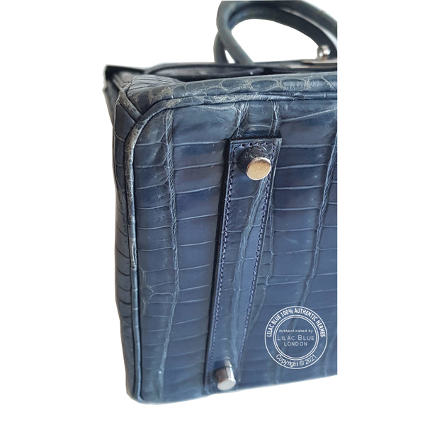 Hermes Birkin 35cm Blue Jean Shiny Croc PHW - Preloved