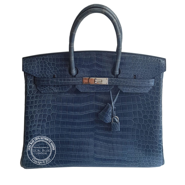 Hermes Birkin 35cm Blue Jean Shiny Croc PHW - Preloved
