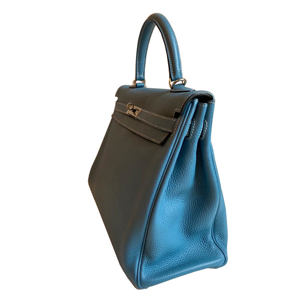 Hermès Kelly 35cm Blue Jean Clemence PHW - Preloved