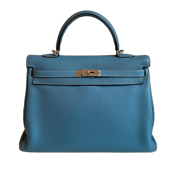 Hermès Kelly 35cm Blue Jean Clemence PHW - Preloved