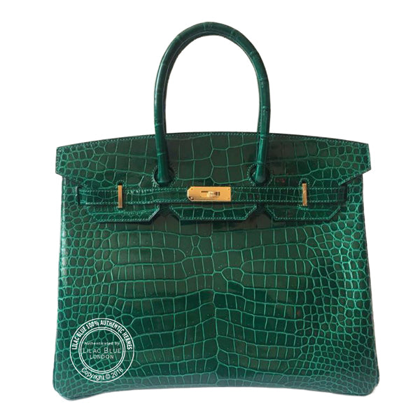 35cm Emerald Birkin. Shiny Croc, Gold