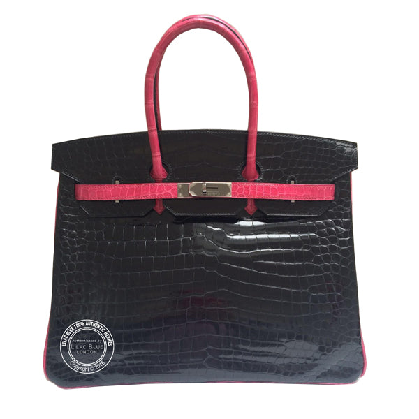 Hermès Birkin 35cm Black/Fuschia Shiny Croc Ruthenium