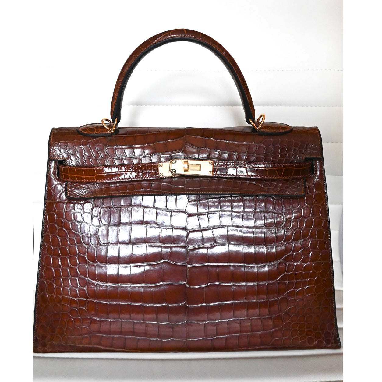 Hermes Kelly 35cm Miel Shiny Croc GHW - Vintage