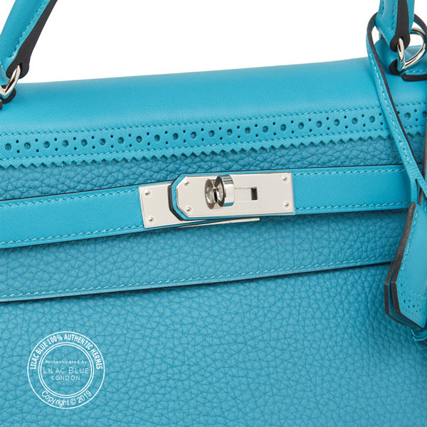 Hermès Kelly 35cm Turquoise Ghillies Togo/Swift PHW - Preloved