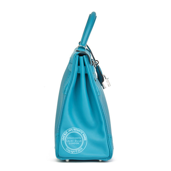 Hermès Kelly 35cm Turquoise Ghillies Togo/Swift PHW - Preloved