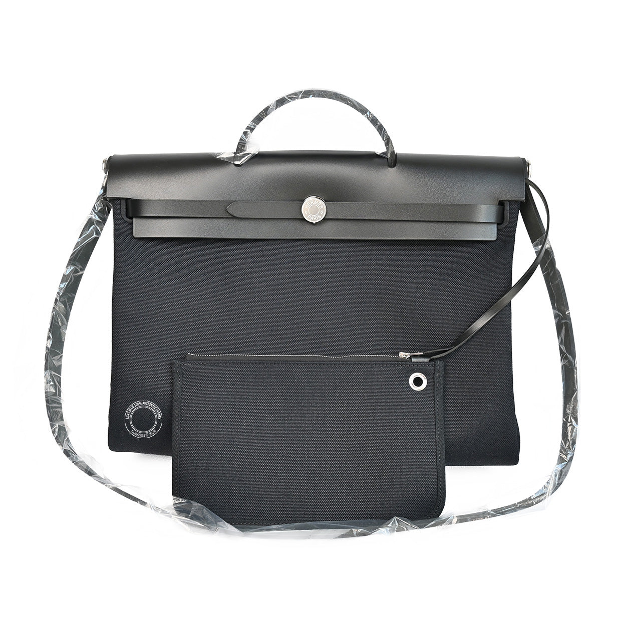 Hermes Herbag Messenger 39 in Black Hunter Leather and Militaire Canvas with palladium hardware