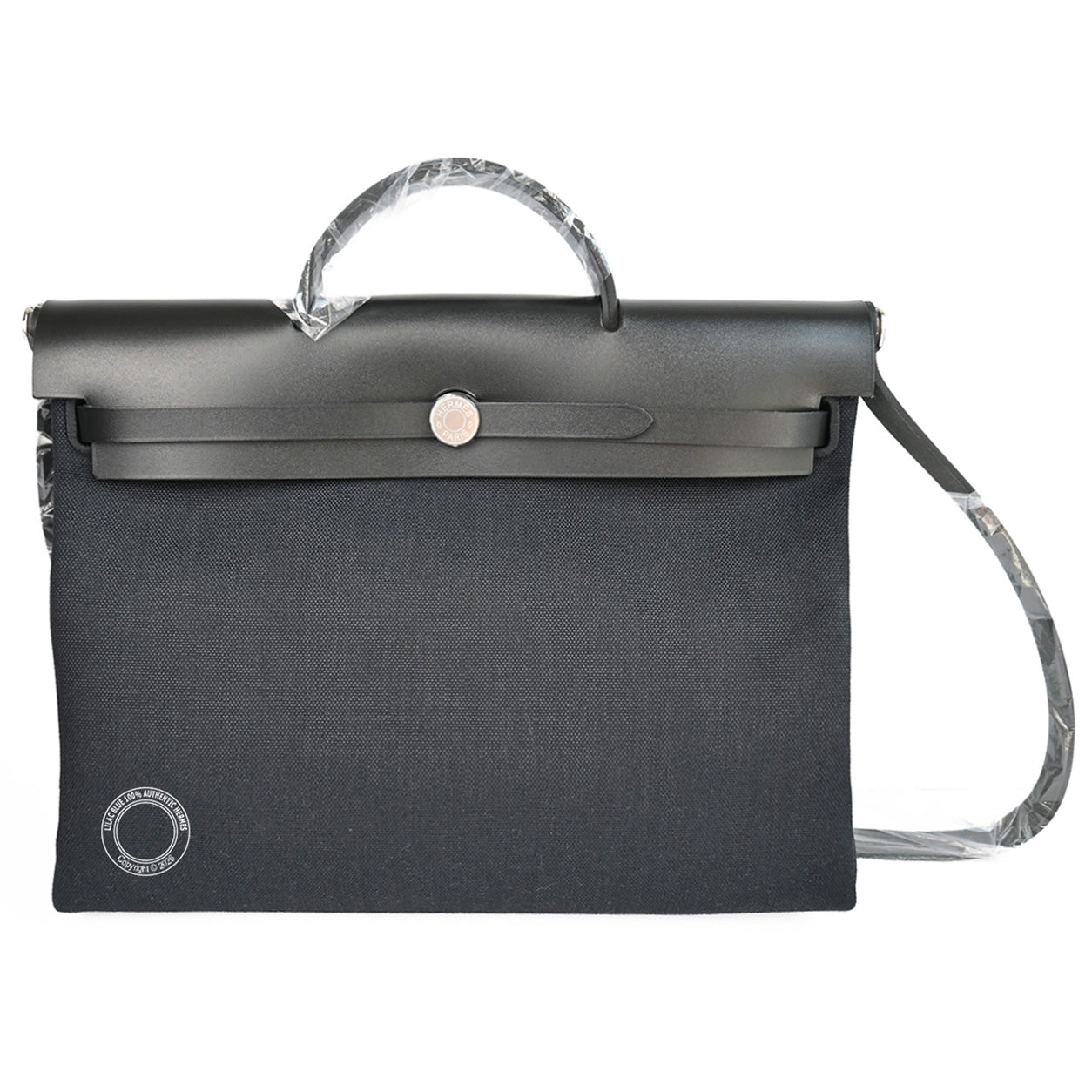 Hermes Herbag Messenger 39 in Black Hunter Leather and Militaire Canvas with palladium hardware