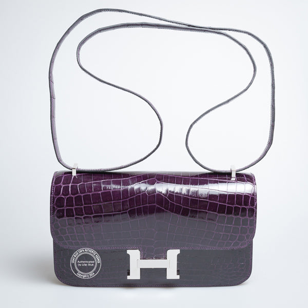 Hermès Constance Elan 25cm Amethyst Shiny Croc PHW