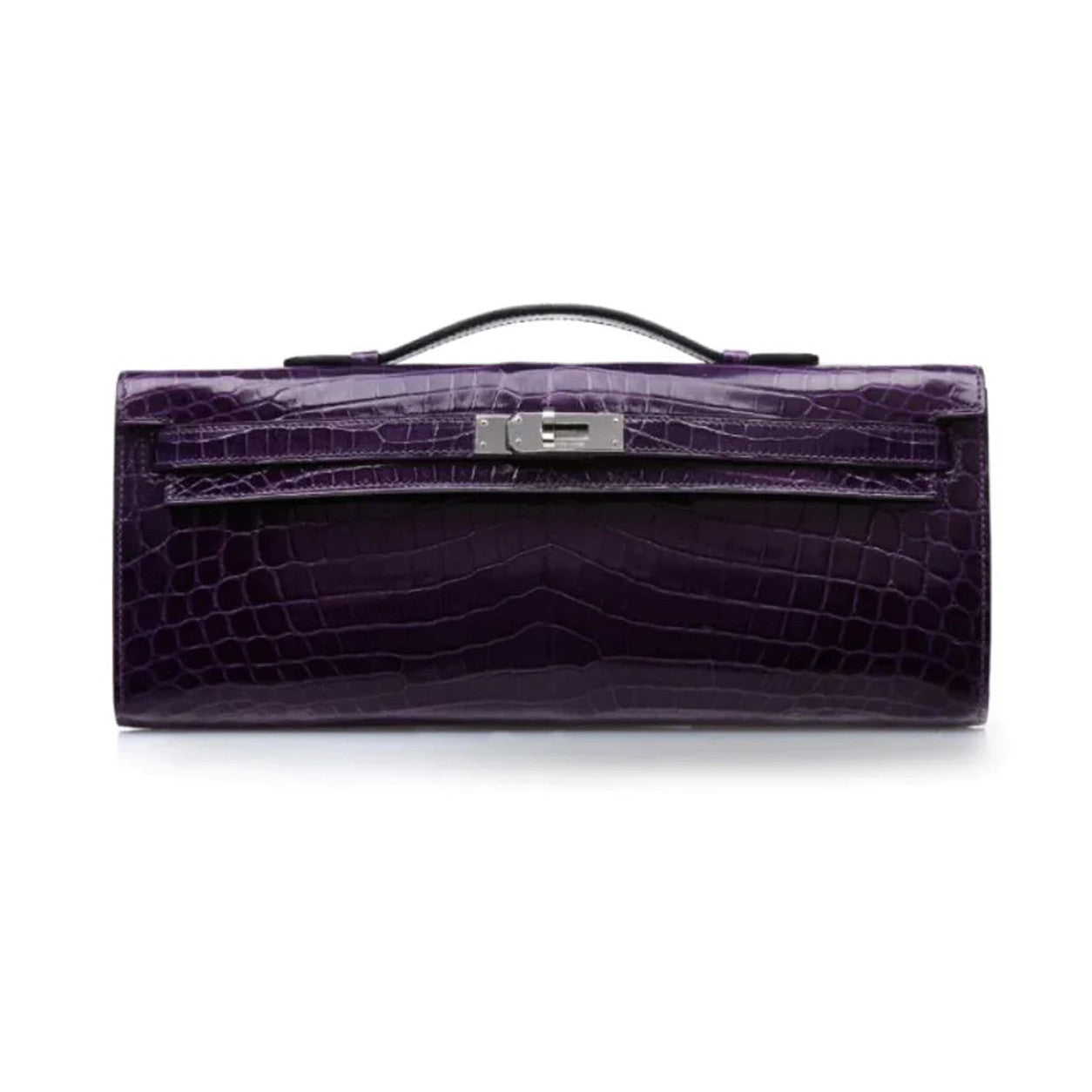 Hermès Kelly 31cm Amethyst Cut Pochette Shiny Croc PHW - Preloved
