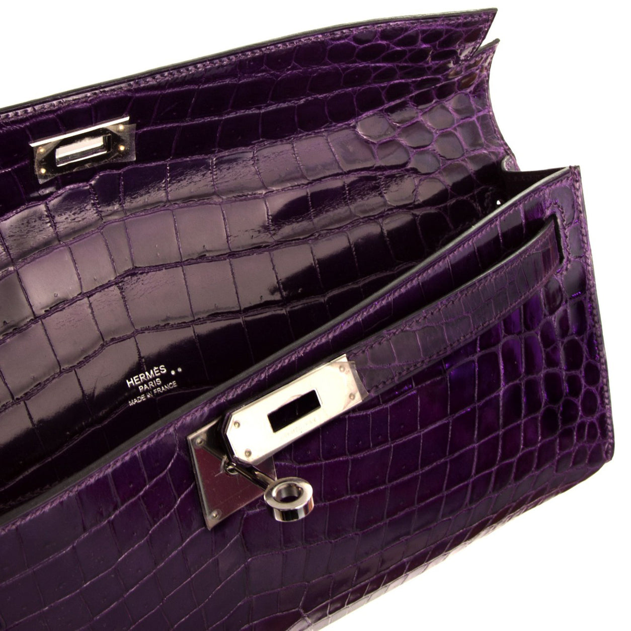 Hermès Kelly 31cm Amethyst Cut Pochette Shiny Croc PHW - Preloved