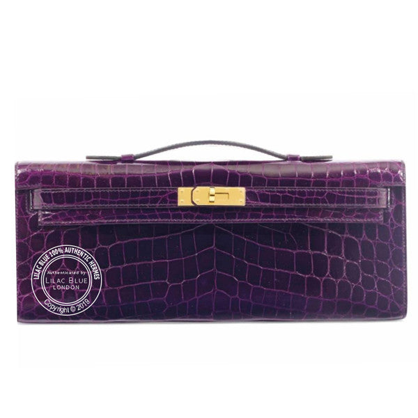 Hermès Kelly 31cm Aubergine Cut Pochette Shiny Croc GHW