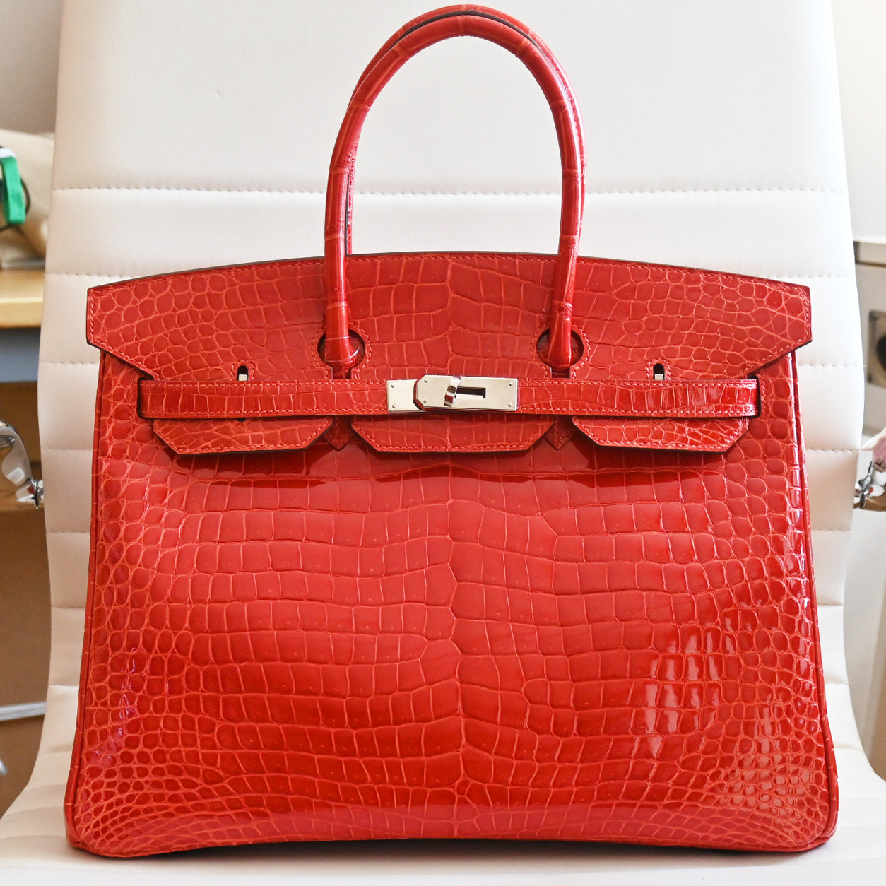 Hermès Birkin 35cm Rouge Braise Shiny Croc PHW - Preloved