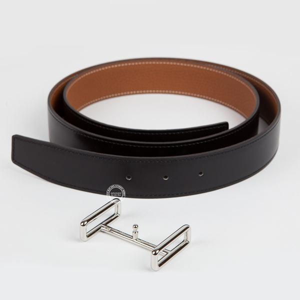 Hermès Idem Belt. Black & Gold Leather, Palladium