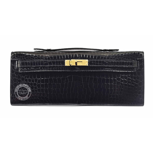 Hermès Kelly 31cm Black Cut Pochette Shiny Croc GHW
