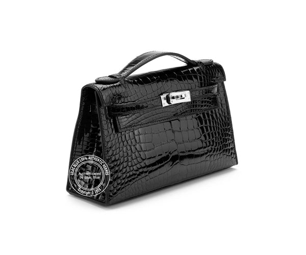 Hermès Kelly 22cm Mini Pochette Black Shiny Croc PHW