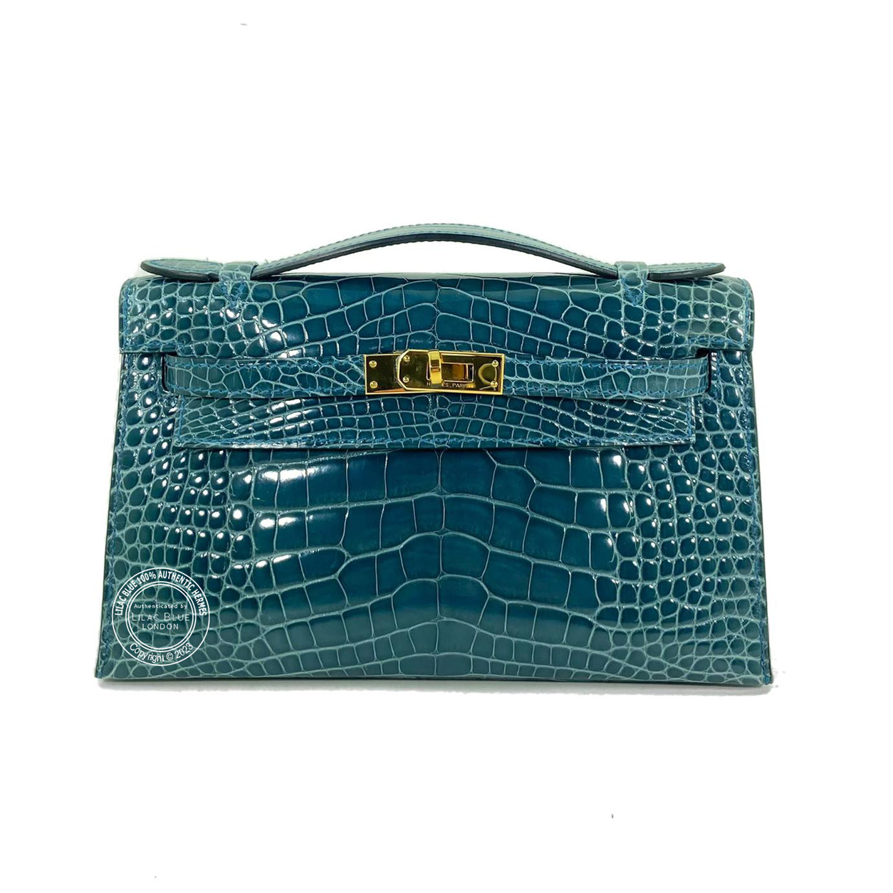 Hermès Kelly 22cm Bleu Izmir Mini Pochette Shiny Alligator GHW