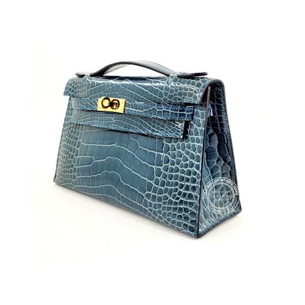 Hermès Kelly 22cm Bleu Izmir Mini Pochette Shiny Alligator GHW