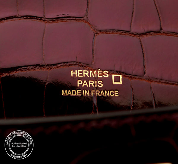 Hermès Kelly 22cm Burgundy Mini Pochette Shiny Croc PHW