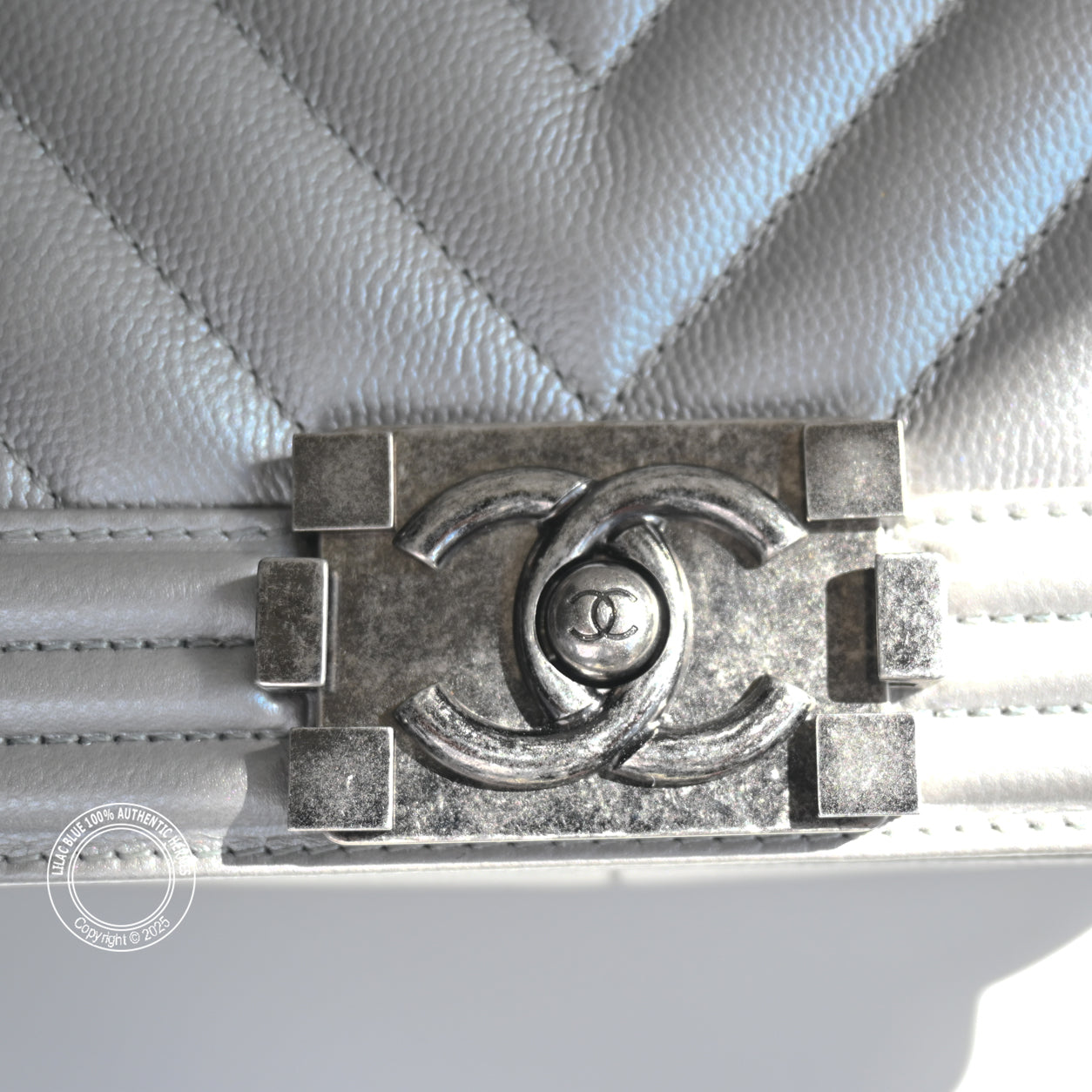 Chanel Boy Bag Metallic Silver Lambskin Ruthenium - Preloved