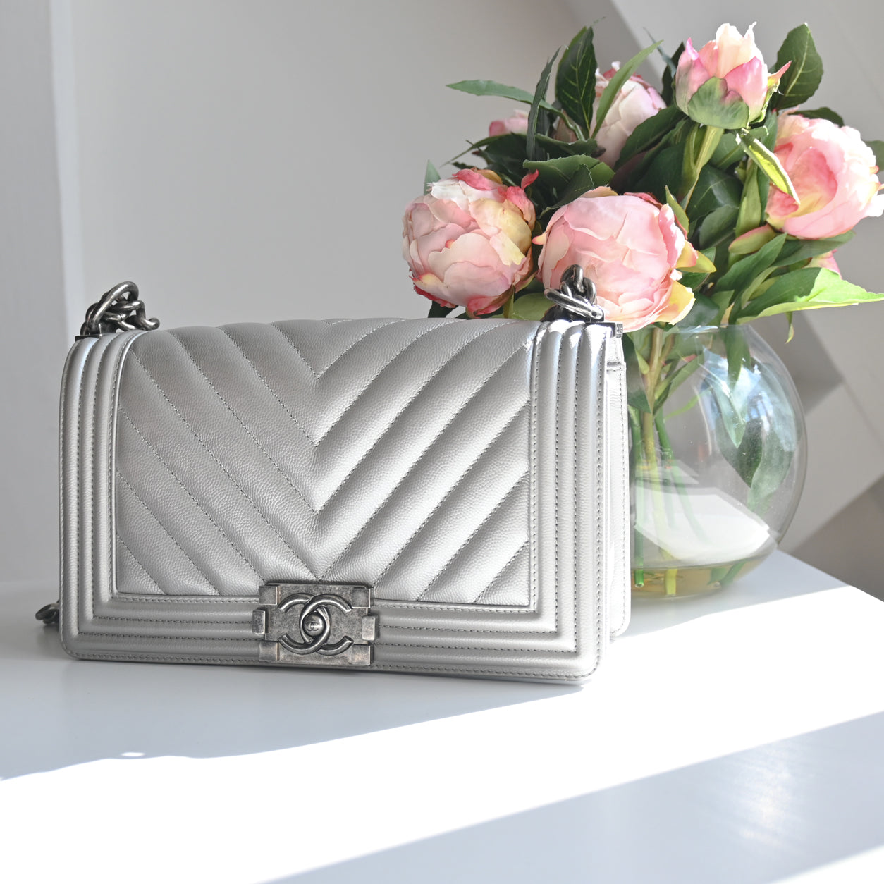 Chanel Boy Bag Metallic Silver Lambskin Ruthenium - Preloved