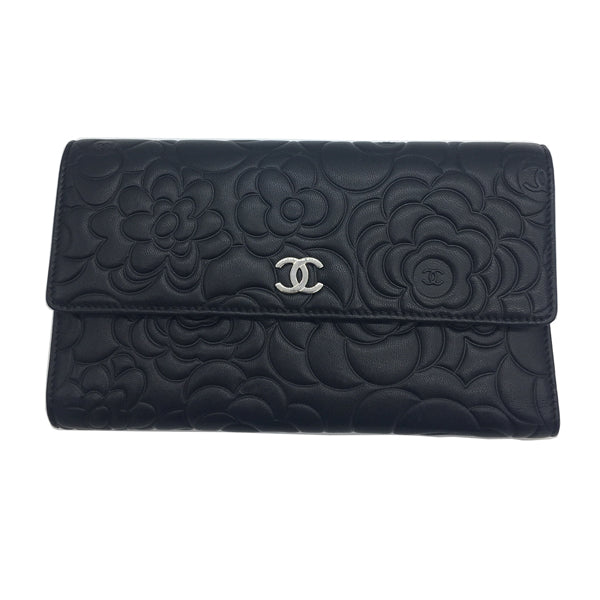 Chanel Camelia Wallet Black Calfskin Silver - Preloved
