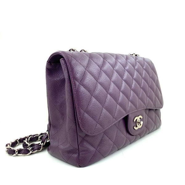 Chanel Classic Flap Bag Jumbo Purple Caviar Silver - Preloved