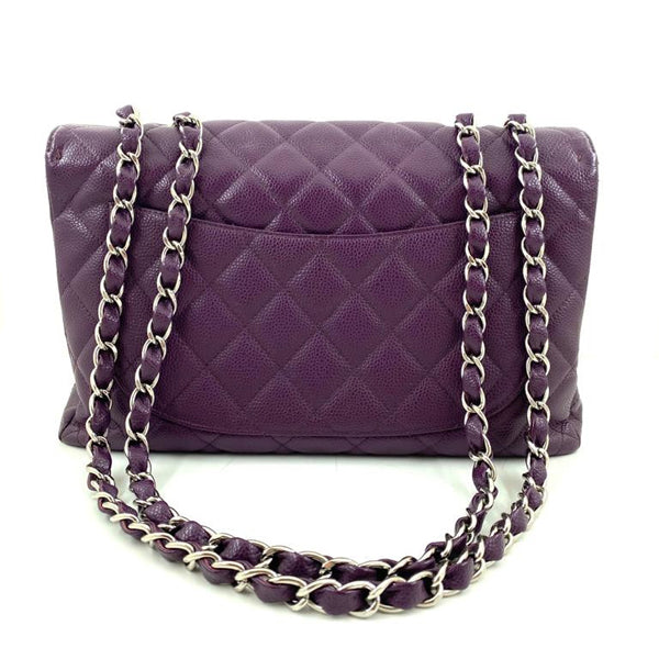Chanel Classic Flap Bag Jumbo Purple Caviar Silver - Preloved
