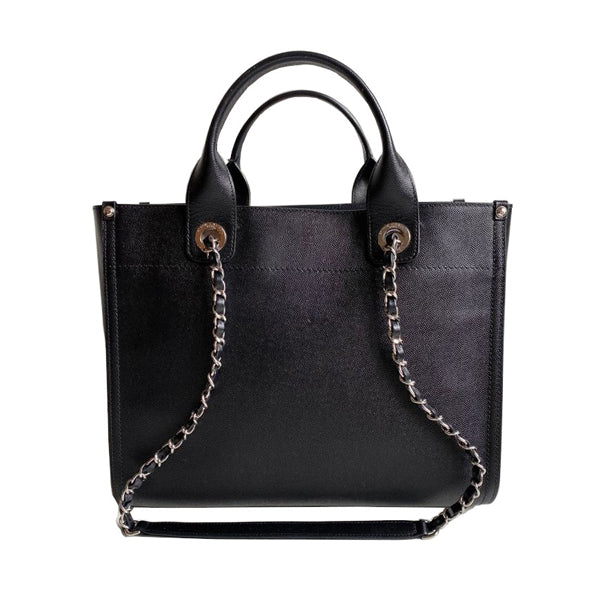Chanel Deauville Tote Black Caviar Leather Silver - Preloved