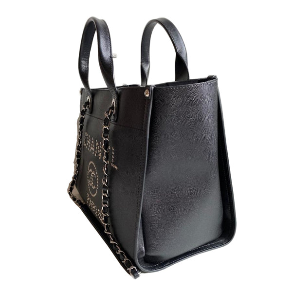 Chanel Deauville Tote Black Caviar Leather Silver - Preloved