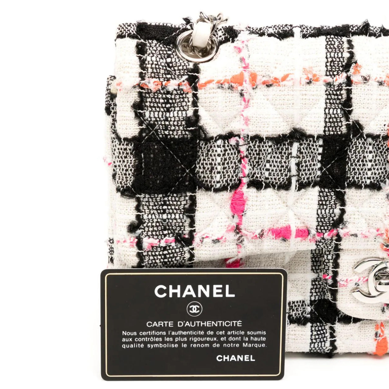 Chanel Double Flap Medium Black/Pink/White Tweed PHW - Preloved