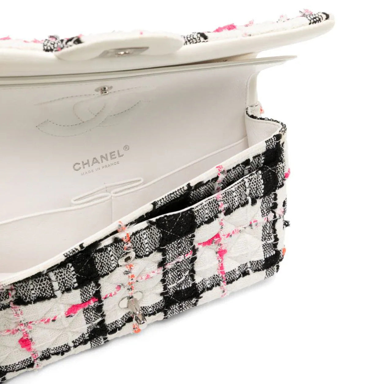 Chanel Double Flap Medium Black/Pink/White Tweed PHW - Preloved