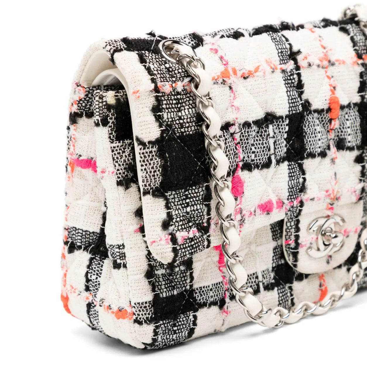 Chanel Double Flap Medium Black/Pink/White Tweed PHW - Preloved