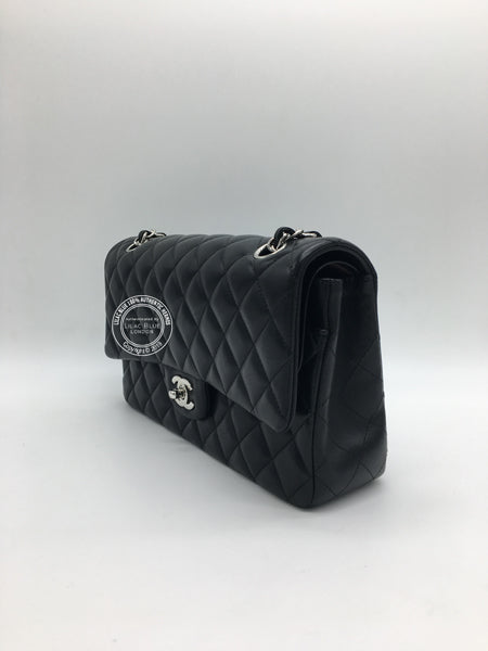 Chanel Classic Flap Bag Medium Black Lambskin Silver - Preloved