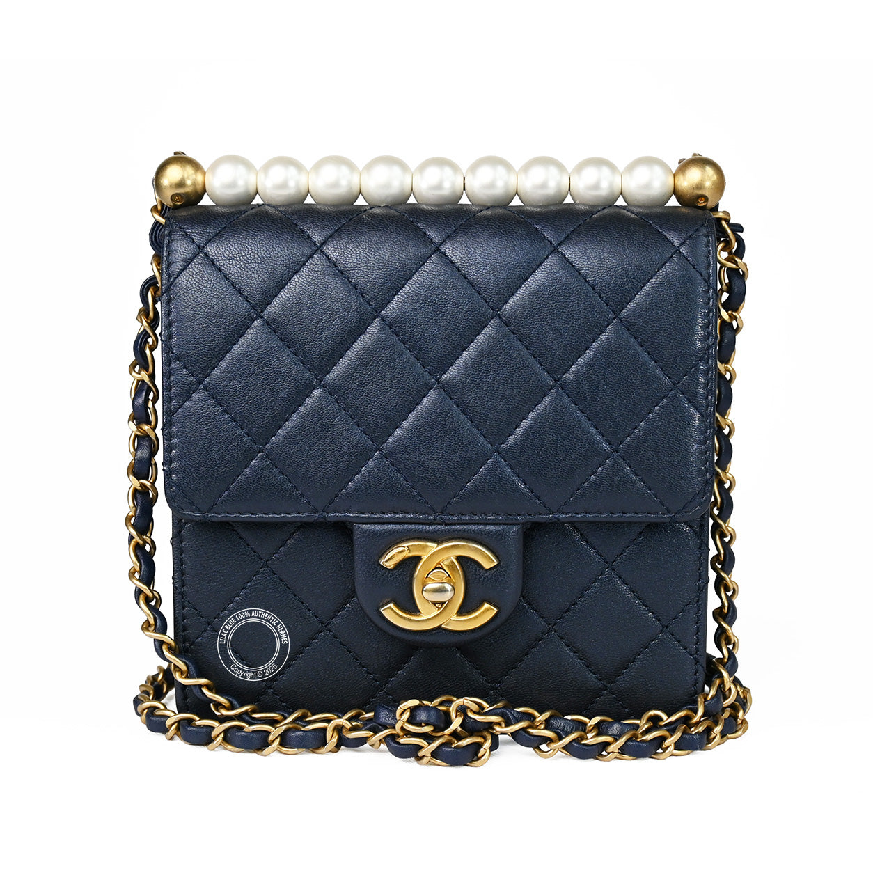 Chanel Vertical Pearl Flap Bag Navy Lambskin GHW - Preloved