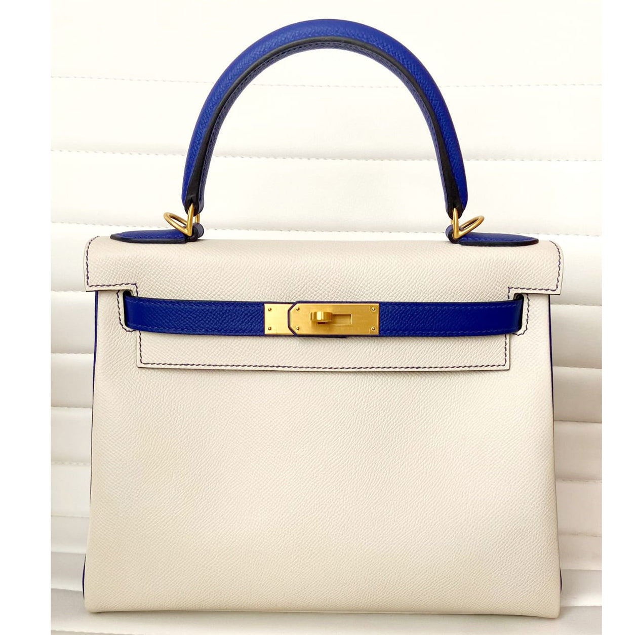 Hermès Kelly 28cm Craie/Bleu Electrique HSS Retourne Epsom BGHW